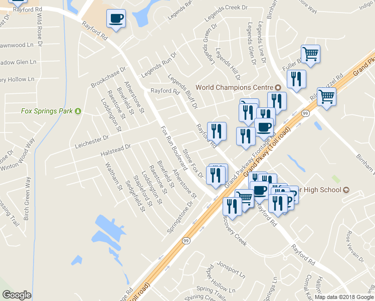 map of restaurants, bars, coffee shops, grocery stores, and more near 2703 Hidden Spring Falls in Spring