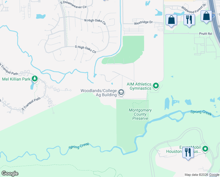 map of restaurants, bars, coffee shops, grocery stores, and more near 1237 Pruitt Road in Spring
