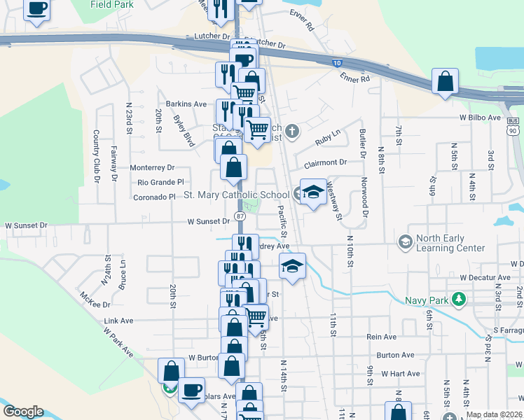 map of restaurants, bars, coffee shops, grocery stores, and more near 6 East Sunset Drive in Orange