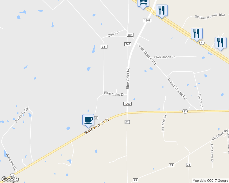 map of restaurants, bars, coffee shops, grocery stores, and more near 122 Blue Oaks Drive in Cedar Creek