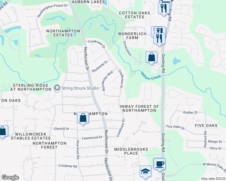 map of restaurants, bars, coffee shops, grocery stores, and more near 6115 Larkmount Drive in Spring