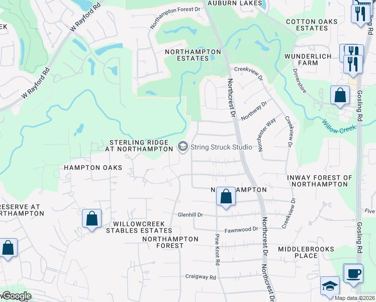 map of restaurants, bars, coffee shops, grocery stores, and more near 24111 Forestcrest Drive in Spring