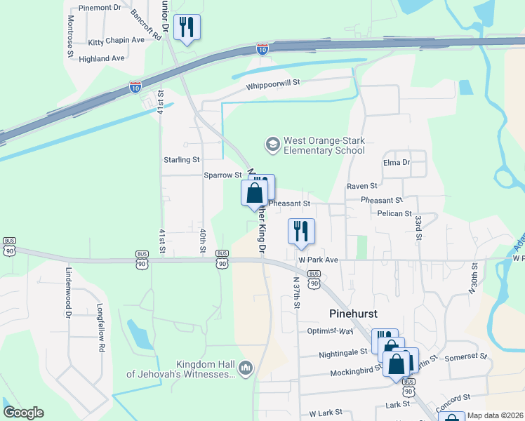 map of restaurants, bars, coffee shops, grocery stores, and more near 2496 Martin Luther King Junior Drive in Orange