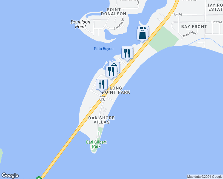 map of restaurants, bars, coffee shops, grocery stores, and more near 6229 East Highway 98 in Panama City