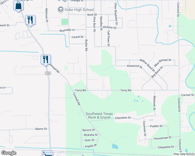 map of restaurants, bars, coffee shops, grocery stores, and more near 925 Ohio Street in Vidor