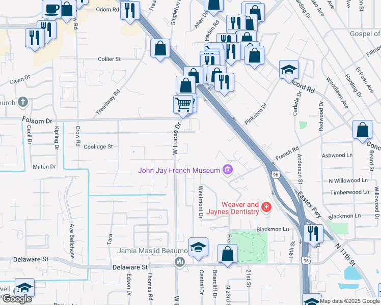 map of restaurants, bars, coffee shops, grocery stores, and more near 7 Stonebrook Court in Beaumont