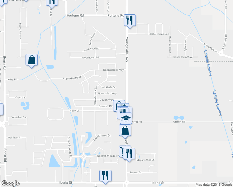 map of restaurants, bars, coffee shops, grocery stores, and more near 198 Queensford Way in Youngsville