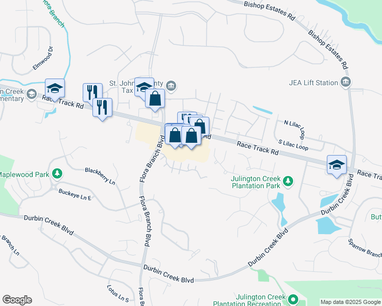 map of restaurants, bars, coffee shops, grocery stores, and more near 2750 Race Track Road in Fruit Cove