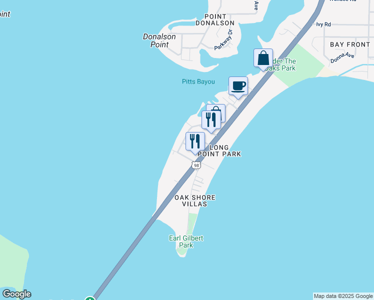 map of restaurants, bars, coffee shops, grocery stores, and more near 36 West Cooper Drive in Panama City