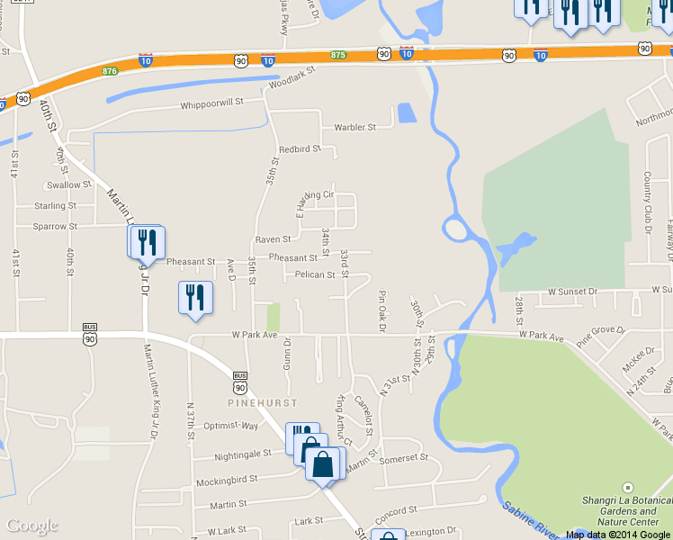 map of restaurants, bars, coffee shops, grocery stores, and more near 3400 Pelican St in Orange