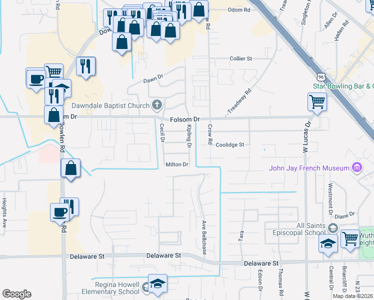 map of restaurants, bars, coffee shops, grocery stores, and more near 5018 Browning Drive in Beaumont