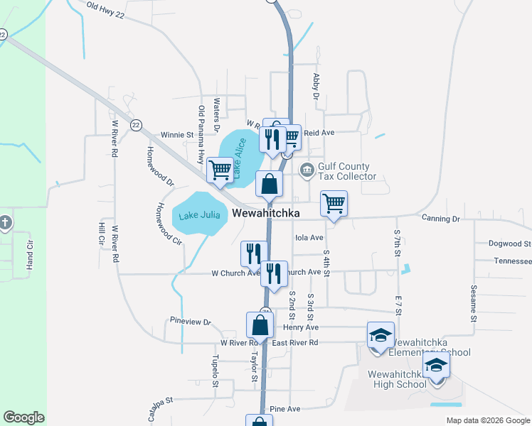 map of restaurants, bars, coffee shops, grocery stores, and more near in Wewahitchka