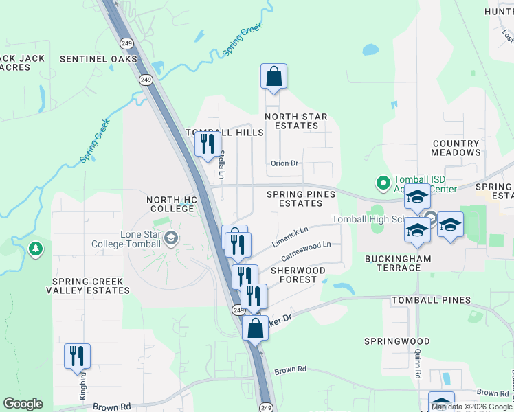 map of restaurants, bars, coffee shops, grocery stores, and more near 30335 Winfro Drive in Tomball
