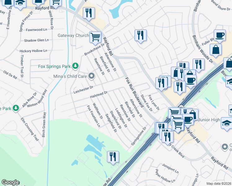 map of restaurants, bars, coffee shops, grocery stores, and more near 29210 Raestone Street in Spring