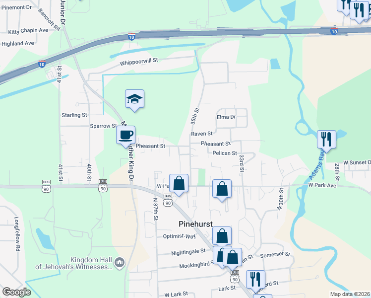 map of restaurants, bars, coffee shops, grocery stores, and more near 3601 Pheasant Street in Orange