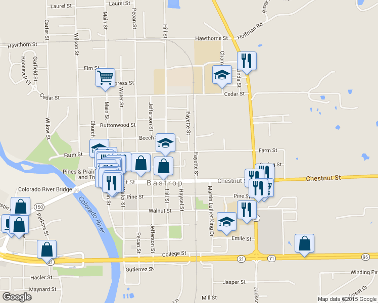 map of restaurants, bars, coffee shops, grocery stores, and more near Farm St & Fayette St in Bastrop