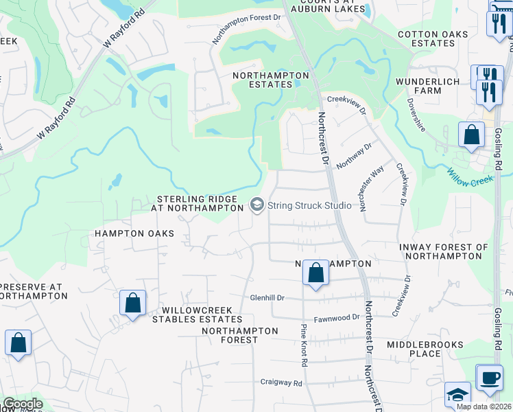map of restaurants, bars, coffee shops, grocery stores, and more near 24111 Forestcrest Drive in Spring