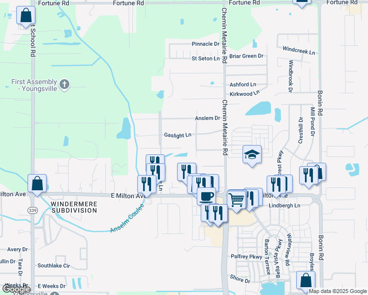 map of restaurants, bars, coffee shops, grocery stores, and more near 100 Rue Saint Barts in Youngsville
