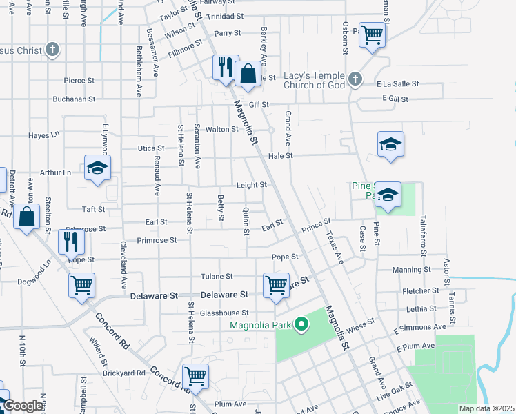 map of restaurants, bars, coffee shops, grocery stores, and more near 1601 Pauline Street in Beaumont