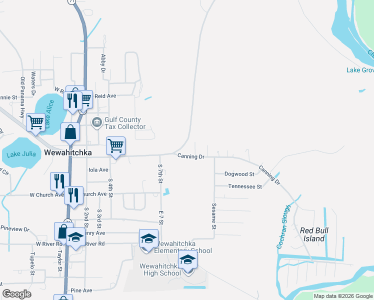 map of restaurants, bars, coffee shops, grocery stores, and more near 160 Canning Dr in Wewahitchka