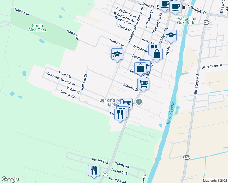 map of restaurants, bars, coffee shops, grocery stores, and more near 107 Audrey Circle in Saint Martinville
