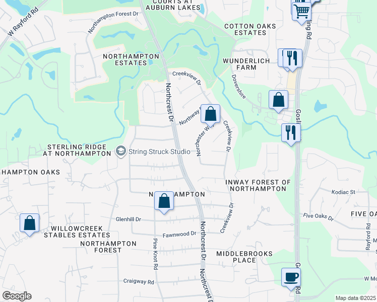map of restaurants, bars, coffee shops, grocery stores, and more near 6464 Creekside Forest Drive in Spring