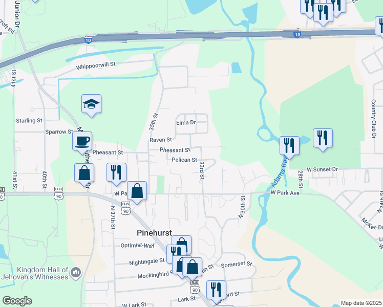 map of restaurants, bars, coffee shops, grocery stores, and more near 3400 Pelican Street in Orange