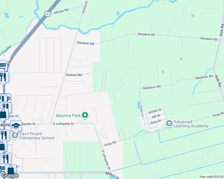 map of restaurants, bars, coffee shops, grocery stores, and more near Cat Road in Maurice