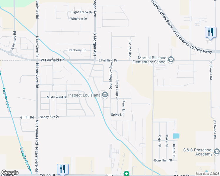 map of restaurants, bars, coffee shops, grocery stores, and more near 104 Tunica Bayou Road in Broussard
