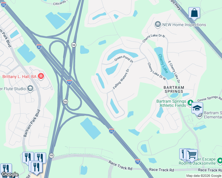 map of restaurants, bars, coffee shops, grocery stores, and more near 14733 Bulow Creek Drive in Jacksonville