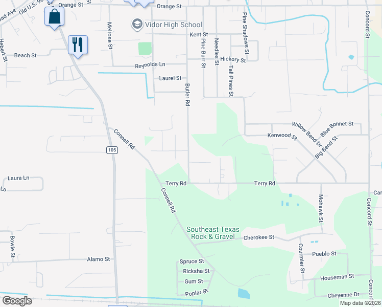 map of restaurants, bars, coffee shops, grocery stores, and more near 825 Ohio Street in Vidor