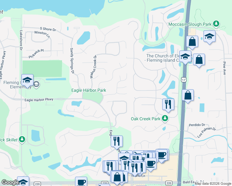map of restaurants, bars, coffee shops, grocery stores, and more near 2064 Water Crest Drive in Fleming Island