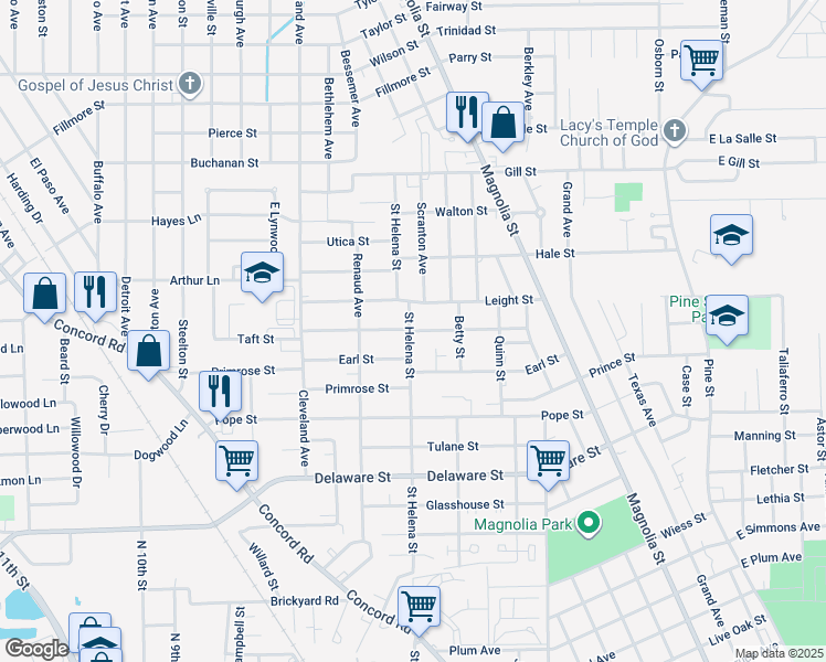 map of restaurants, bars, coffee shops, grocery stores, and more near Ives Street in Beaumont