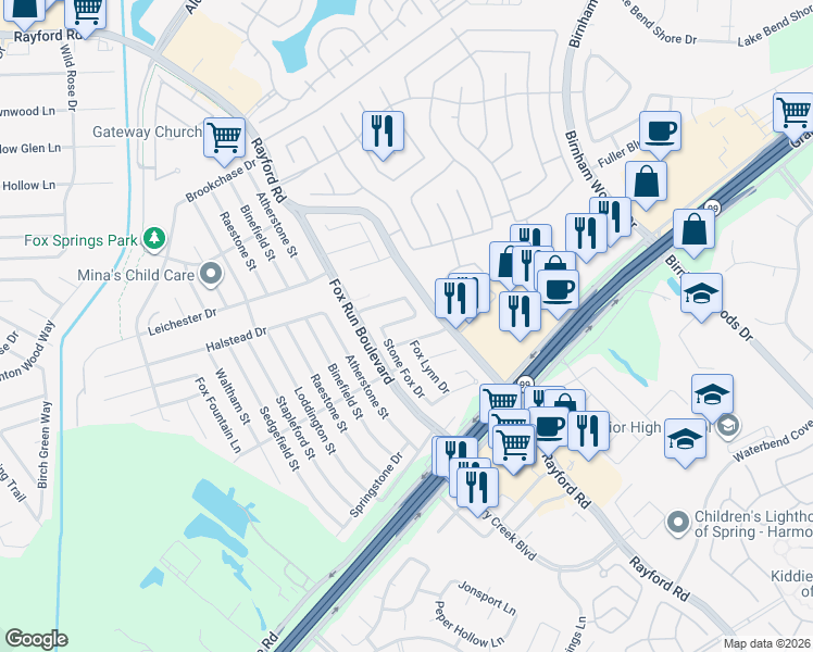 map of restaurants, bars, coffee shops, grocery stores, and more near 2703 Hidden Spring Falls in Spring