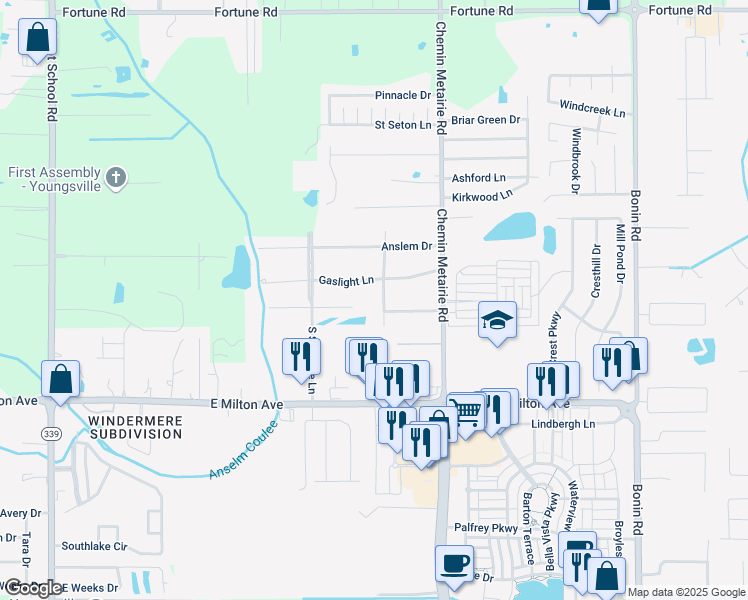 map of restaurants, bars, coffee shops, grocery stores, and more near 100 Rue Saint Barts in Youngsville