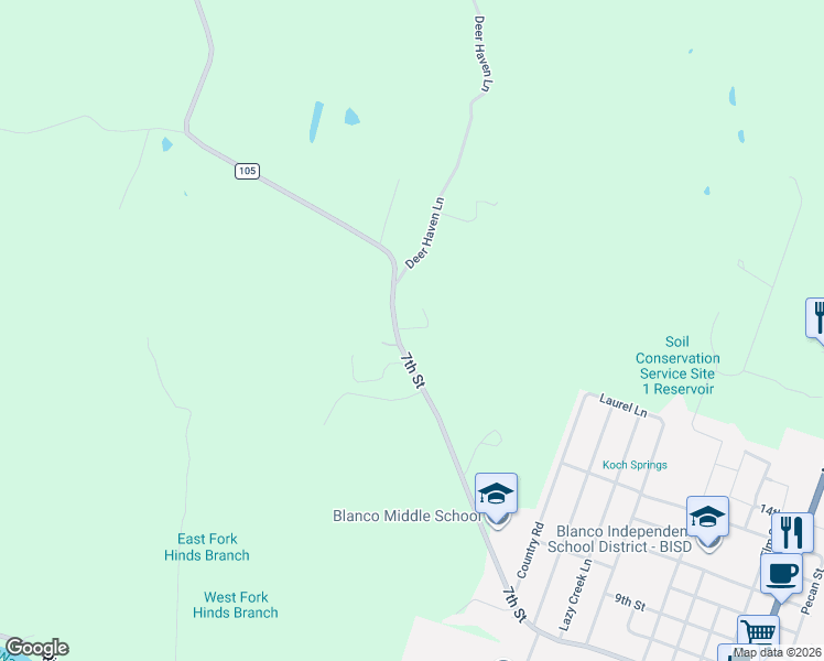 map of restaurants, bars, coffee shops, grocery stores, and more near 1999-2015 Rocky Rd in Blanco