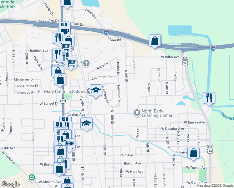 map of restaurants, bars, coffee shops, grocery stores, and more near 2228 Norwood Drive in Orange