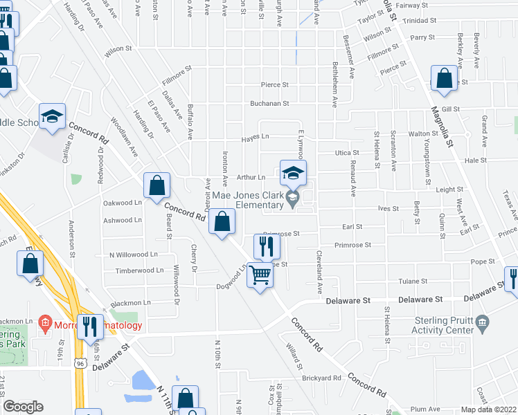 map of restaurants, bars, coffee shops, grocery stores, and more near 3635 West Lynwood Drive in Beaumont