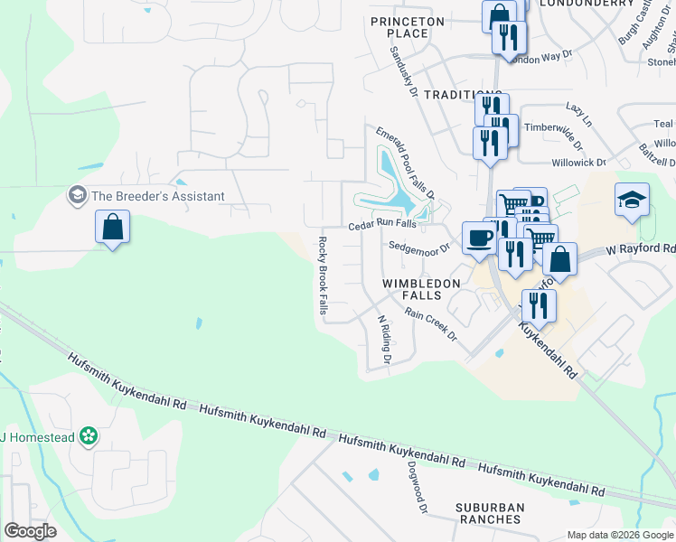 map of restaurants, bars, coffee shops, grocery stores, and more near 24134 Rocky Brook Falls in Tomball