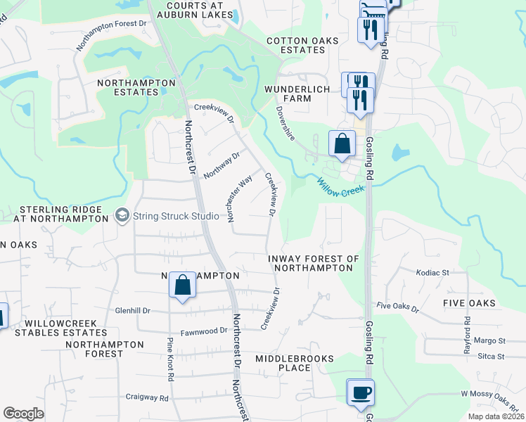 map of restaurants, bars, coffee shops, grocery stores, and more near 6115 Larkmount Drive in Spring