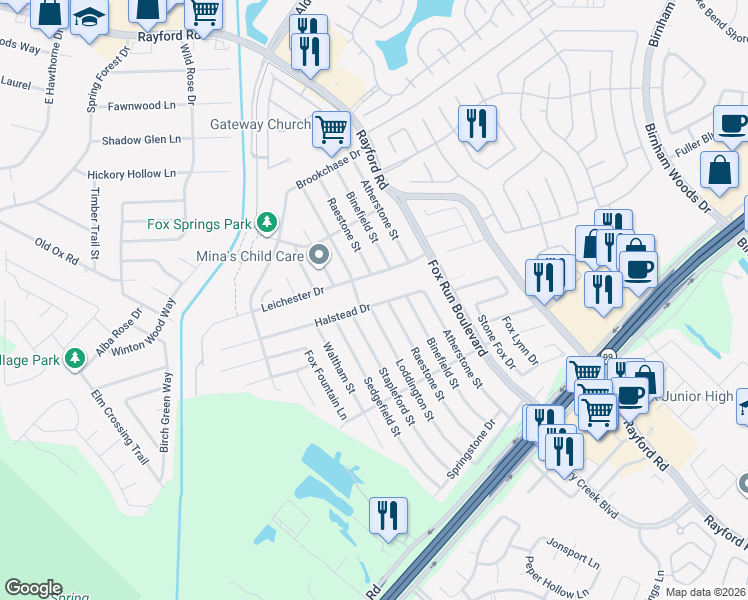 map of restaurants, bars, coffee shops, grocery stores, and more near 29214 Loddington Street in Spring