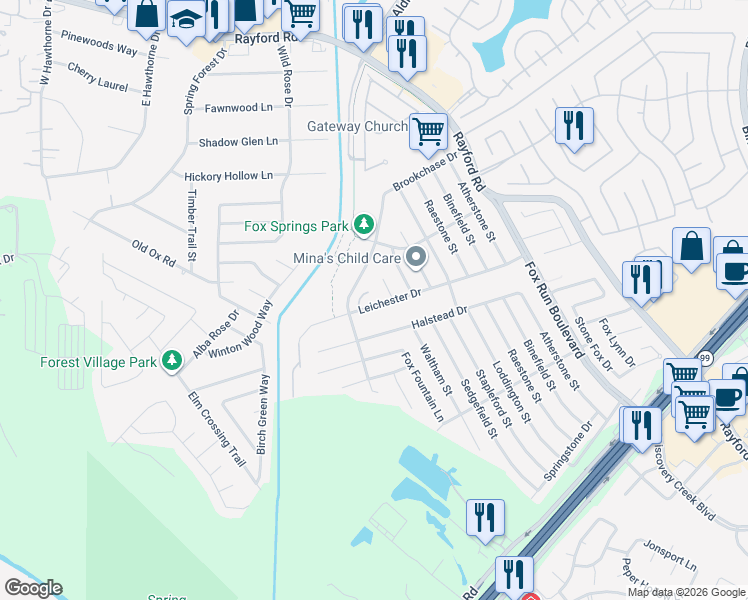 map of restaurants, bars, coffee shops, grocery stores, and more near 2517 Leichester Drive in Spring