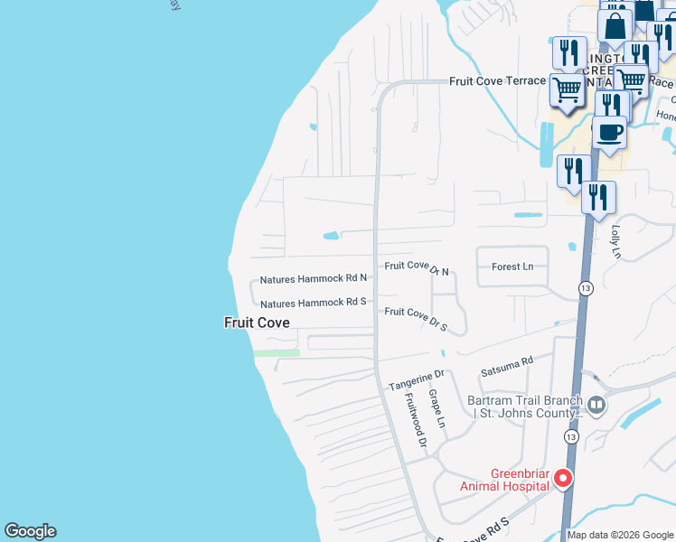 map of restaurants, bars, coffee shops, grocery stores, and more near 1149 Natures Hammock Road North in Jacksonville