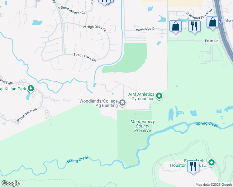 map of restaurants, bars, coffee shops, grocery stores, and more near 1237 Pruitt Road in Spring