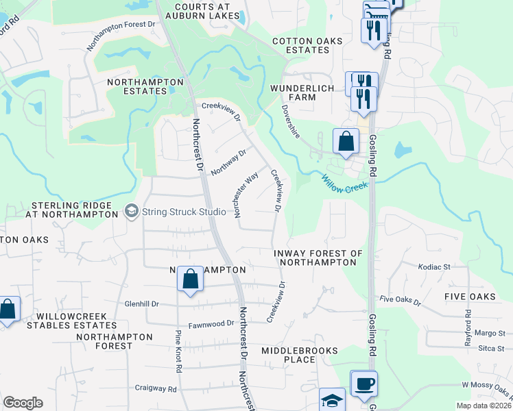map of restaurants, bars, coffee shops, grocery stores, and more near 6115 Larkmount Drive in Spring