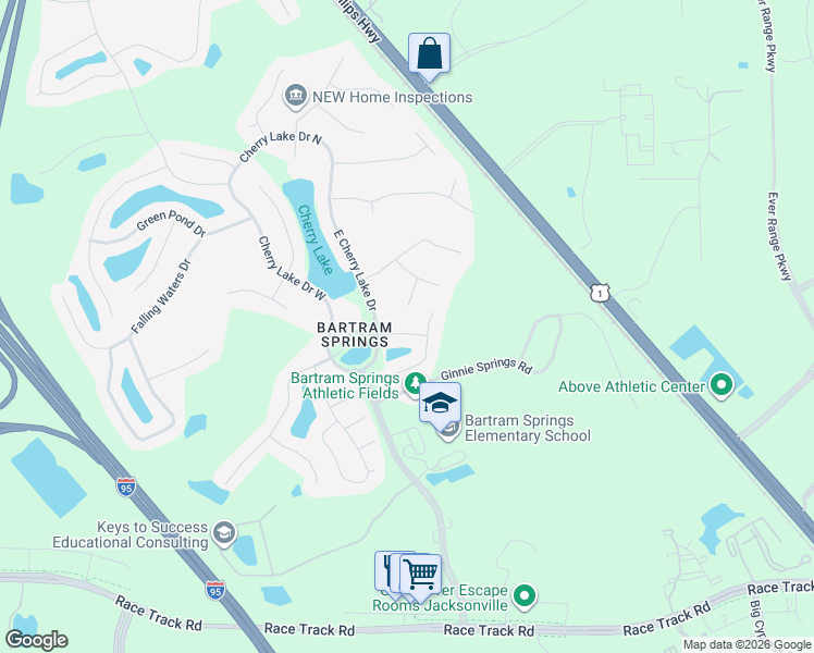 map of restaurants, bars, coffee shops, grocery stores, and more near 6374 Crab Creek Drive in Jacksonville
