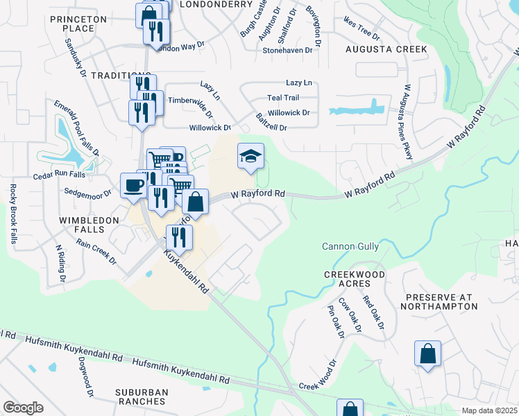 map of restaurants, bars, coffee shops, grocery stores, and more near 8414 Misty Mountain Trail Lane in Spring
