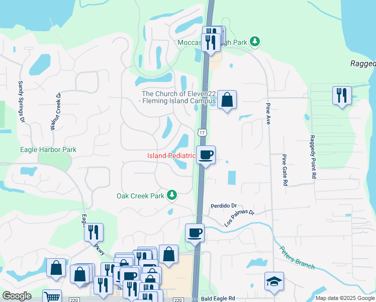 map of restaurants, bars, coffee shops, grocery stores, and more near 1624 Royal Fern Lane in Orange Park