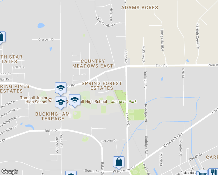 map of restaurants, bars, coffee shops, grocery stores, and more near 1310 Spring Forest Way in Tomball