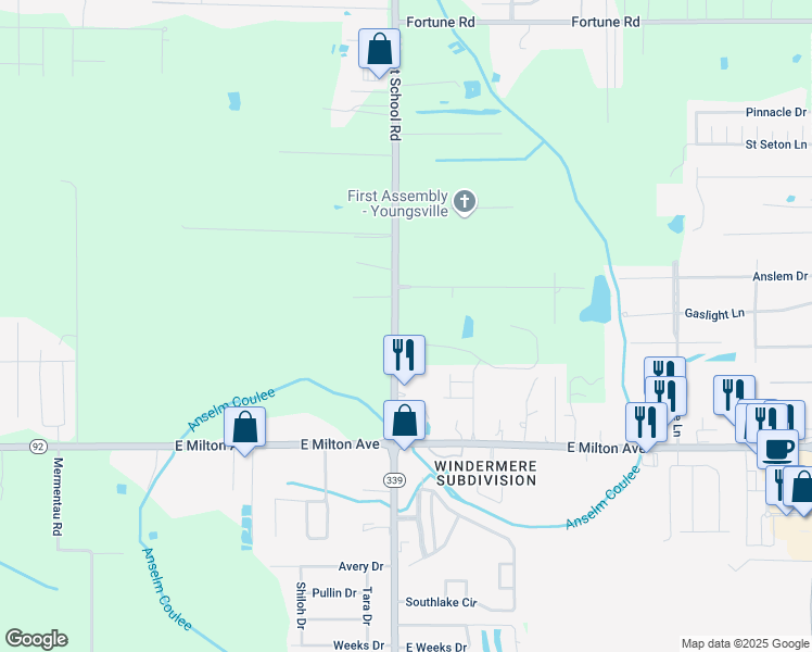 map of restaurants, bars, coffee shops, grocery stores, and more near 3620-3798 Verot School Road in Youngsville